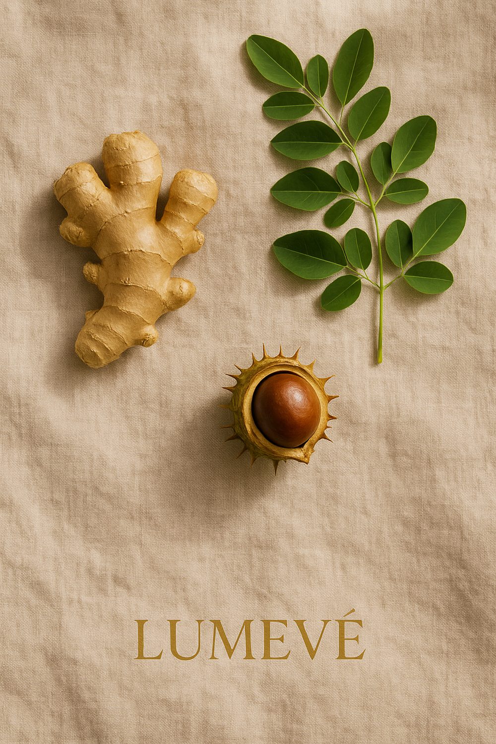 Ginger root and moringa leaves on natural linen